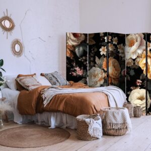 Paravent - Floristry in Vintage Style - a Plethora of Colorful Flowers on a Black Background