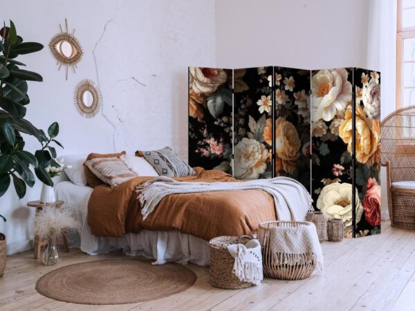 Paravent - Floristry in Vintage Style - a Plethora of Colorful Flowers on a Black Background
