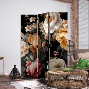 Paravent - Floristry in Vintage Style - a Plethora of Colorful Flowers on a Black Background