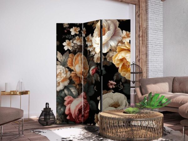 Paravent - Floristry in Vintage Style - a Plethora of Colorful Flowers on a Black Background