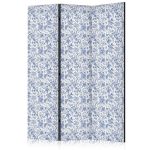 Paravent - Illustration in Vintage Style - Blue Flowers on a White Background