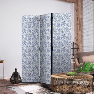 Paravent - Illustration in Vintage Style - Blue Flowers on a White Background
