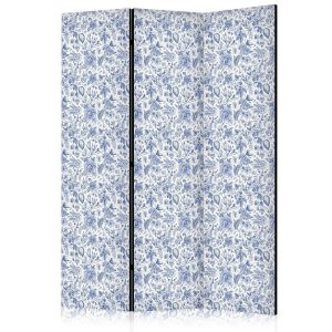 Paravent - Illustration in Vintage Style - Blue Flowers on a White Background
