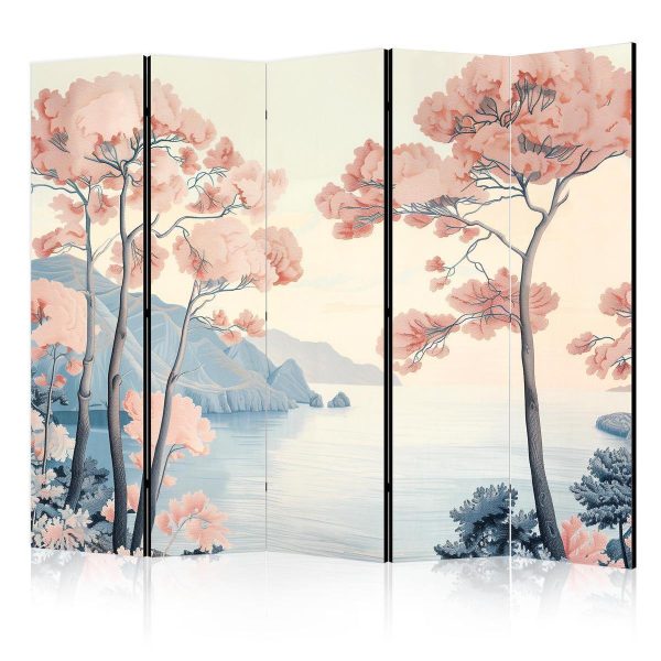 Paravent - Landscape with the Ocean - Cliffs - and Trees in Delicate Pink Shades Paravent - Landscape with the Ocean - Cliffs - and Trees in Delicate Pink Shades