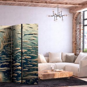 Paravent - Life in the Ocean - Underwater World of Fish and Vegetation in Beige and Navy Colors in Retro Style