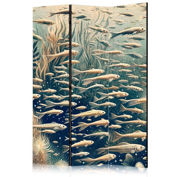 Paravent - Life in the Ocean - Underwater World of Fish and Vegetation in Beige and Navy Colors in Retro Style Paravent - Life in the Ocean - Underwater World of Fish and Vegetation in Beige and Navy Colors in Retro Style