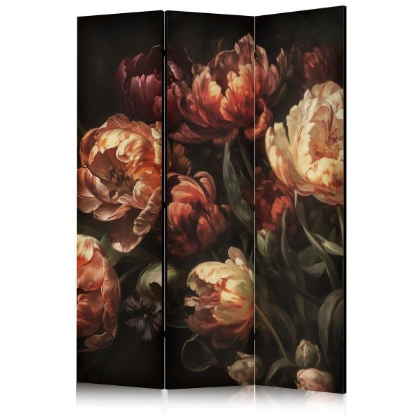 Paravent - Magnificent Tulips - Bouquet of Flowers in Red and White on a Black Background Paravent - Magnificent Tulips - Bouquet of Flowers in Red and White on a Black Background