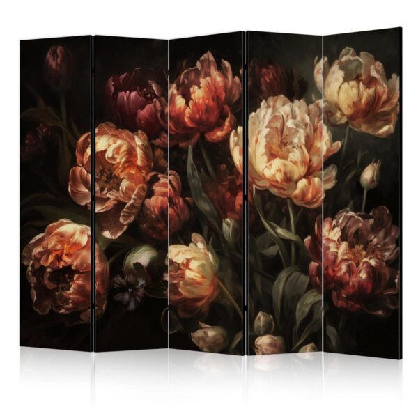 Paravent - Magnificent Tulips - Bouquet of Flowers in Red and White on a Black Background Paravent - Magnificent Tulips - Bouquet of Flowers in Red and White on a Black Background