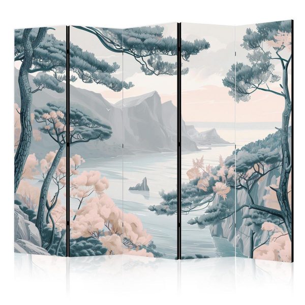 Paravent - Mountainous Coast with Trees and Rocks - in Light Pastel Blues Paravent - Mountainous Coast with Trees and Rocks - in Light Pastel Blues