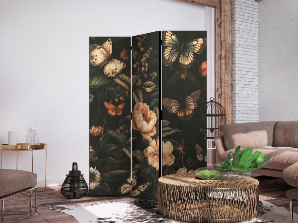 Paravent - Mysterious Garden - Butterflies Flying Over Flowers - Rustic Evening