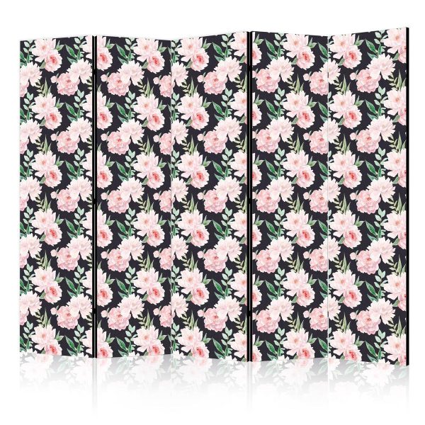 Paravent - Peonies - Pink Flowers and Green Leaves on a Graphite Background Paravent - Peonies - Pink Flowers and Green Leaves on a Graphite Background