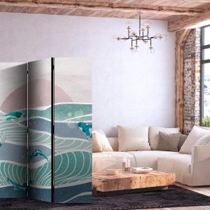 Paravent - Picturesque Landscape With Fish - Sunset And Koi Fish in Shades of Turquoise And Blue Floating Above The Water