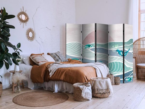 Paravent - Picturesque Landscape With Fish - Sunset And Koi Fish in Shades of Turquoise And Blue Floating Above The Water