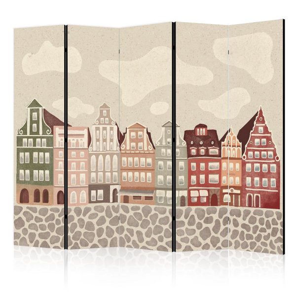 Paravent - Salt Square - Colorful Illustrated Townhouses Against a Sky with Clouds Background Paravent - Salt Square - Colorful Illustrated Townhouses Against a Sky with Clouds Background
