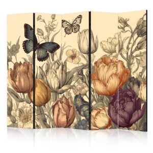 Paravent - Tulips in Cream - Illustration of Flowers and Butterflies on a Light Background