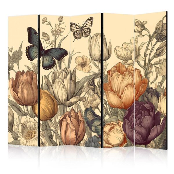 Paravent - Tulips in Cream - Illustration of Flowers and Butterflies on a Light Background Paravent - Tulips in Cream - Illustration of Flowers and Butterflies on a Light Background