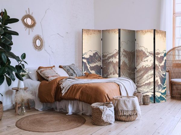 Paravent - Turbulent Ocean - High Waves in Brown And Navy Colors on a Beige Background in Vintage Style