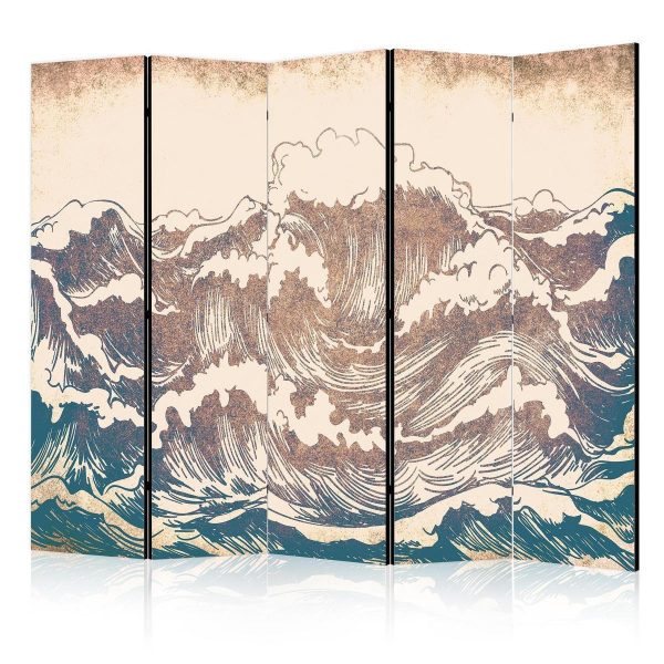 Paravent - Turbulent Ocean - High Waves in Brown And Navy Colors on a Beige Background in Vintage Style Paravent - Turbulent Ocean - High Waves in Brown And Navy Colors on a Beige Background in Vintage Style