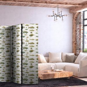 Paravent - Unusual Species of Fish - A Cluster of Fish in Muted Colors in Retro Style on a Background of Beige Strokes