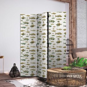 Paravent - Unusual Species of Fish - A Cluster of Fish in Muted Colors in Retro Style on a Background of Beige Strokes