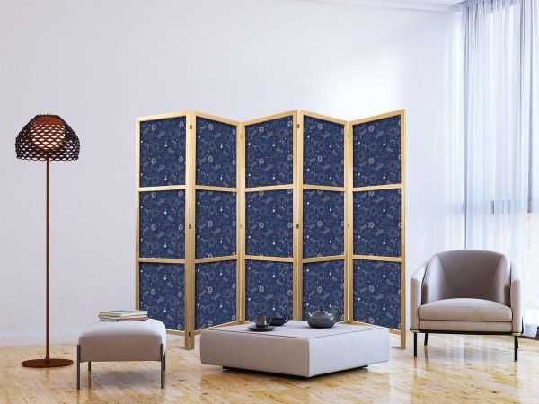 Paravent japonais - Cosmic Fantasy - Pattern with Suns - Moons - and Dragonflies on a Dark Background