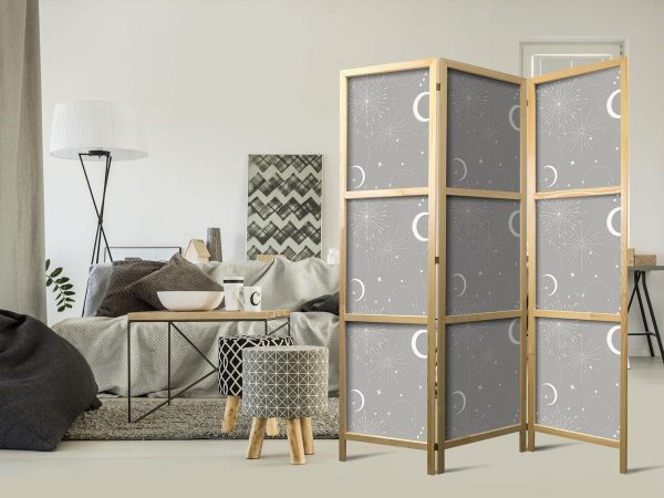 Paravent japonais - Cosmic Fireworks - Elegant Pattern with Moons and Stars on a Gray Background
