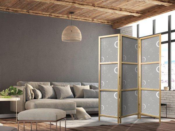 Paravent japonais - Cosmic Fireworks - Elegant Pattern with Moons and Stars on a Gray Background