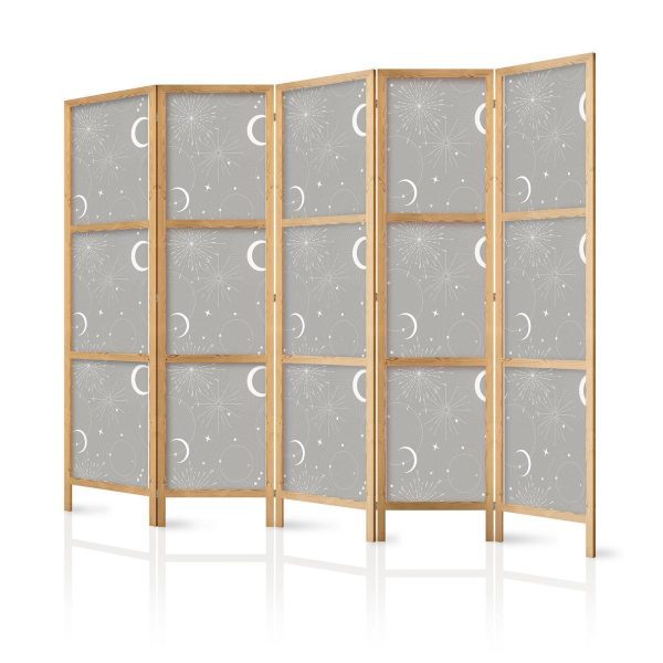 Paravent japonais - Cosmic Fireworks - Elegant Pattern with Moons and Stars on a Gray Background Paravent japonais - Cosmic Fireworks - Elegant Pattern with Moons and Stars on a Gray Background