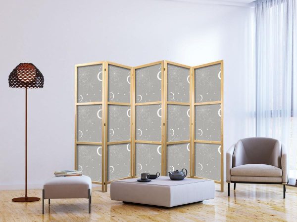Paravent japonais - Cosmic Fireworks - Elegant Pattern with Moons and Stars on a Gray Background