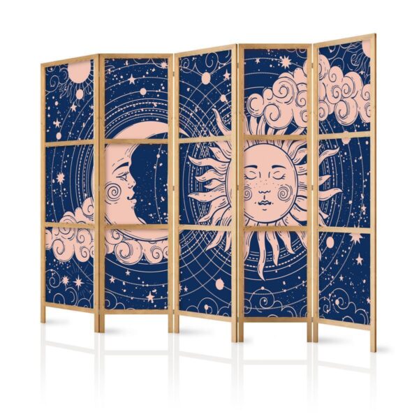 Paravent japonais - Cosmic Harmony - Illustration of the Sun and Moon on a Navy Background Paravent japonais - Cosmic Harmony - Illustration of the Sun and Moon on a Navy Background