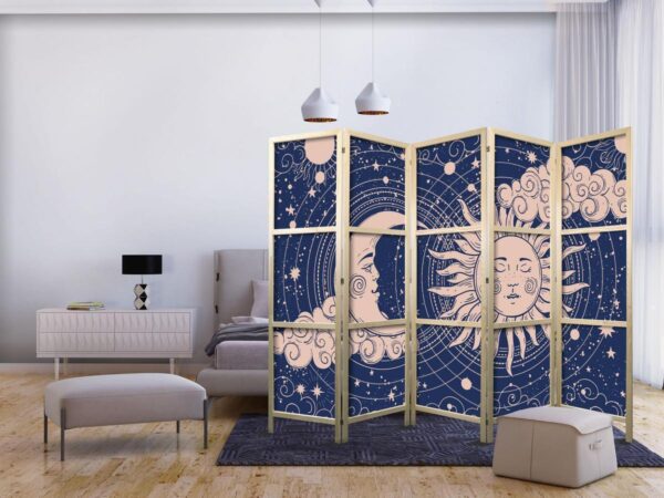 Paravent japonais - Cosmic Harmony - Illustration of the Sun and Moon on a Navy Background