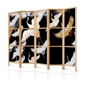 Paravent japonais - Cranes at Night - Golden-White Birds Flying Away on a Black Background