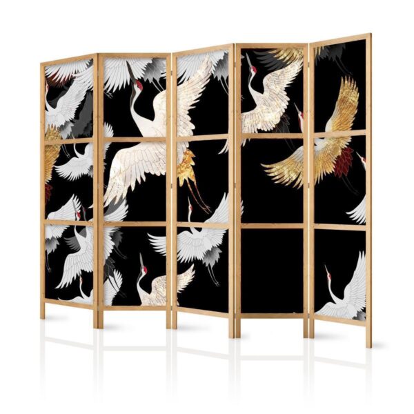 Paravent japonais - Cranes at Night - Golden-White Birds Flying Away on a Black Background Paravent japonais - Cranes at Night - Golden-White Birds Flying Away on a Black Background