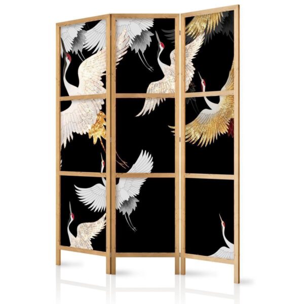 Paravent japonais - Cranes at Night - White and Gold Birds Flying Away on a Black Background Paravent japonais - Cranes at Night - White and Gold Birds Flying Away on a Black Background