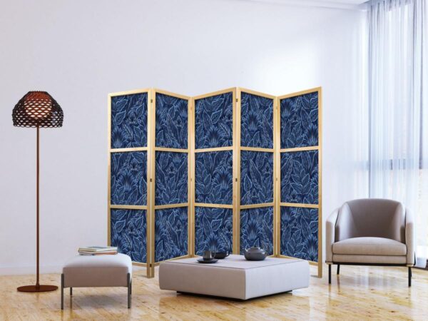 Paravent japonais - Dense Vegetation - Botanical Patterns in Illustrative Style Blue