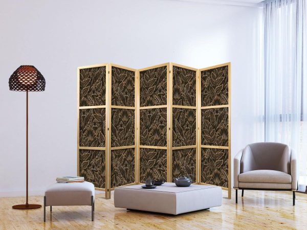 Paravent japonais - Dense Vegetation - Botanical Patterns in Illustrative Style Brown