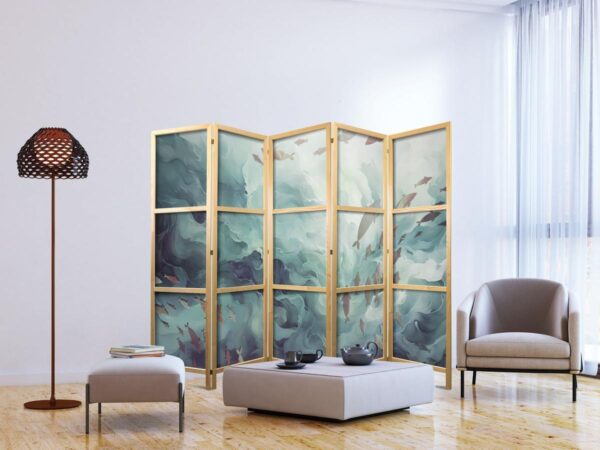 Paravent japonais - Escaping Fish - Very Fast Swimming Fish in Muted Colors Among Ocean Depths