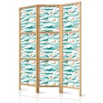 Paravent japonais - Fish Jumping Over Waves - Oriental Fish and Water Lilies Among High Waves in Shades of Sea Green