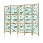 Paravent japonais - Fish Jumping Over Waves - Oriental Fish and Water Lilies Among High Waves in Shades of Sea Green