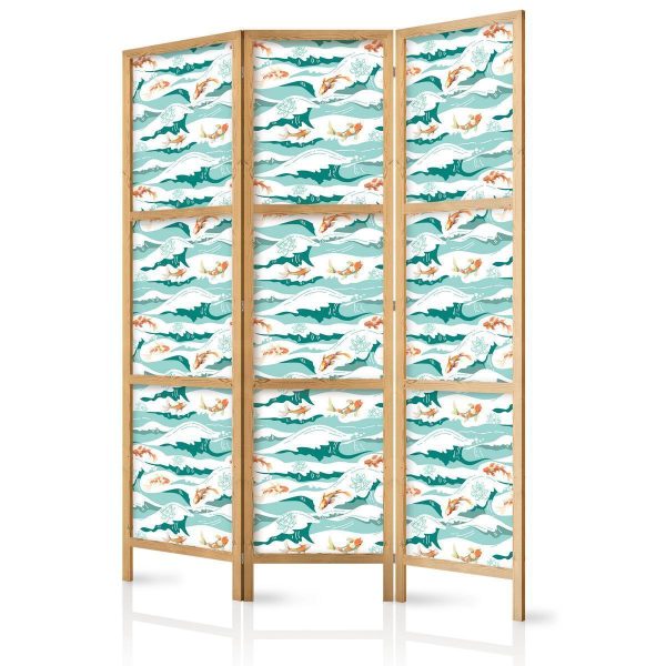 Paravent japonais - Fish Jumping Over Waves - Oriental Fish and Water Lilies Among High Waves in Shades of Sea Green Paravent japonais - Fish Jumping Over Waves - Oriental Fish and Water Lilies Among High Waves in Shades of Sea Green