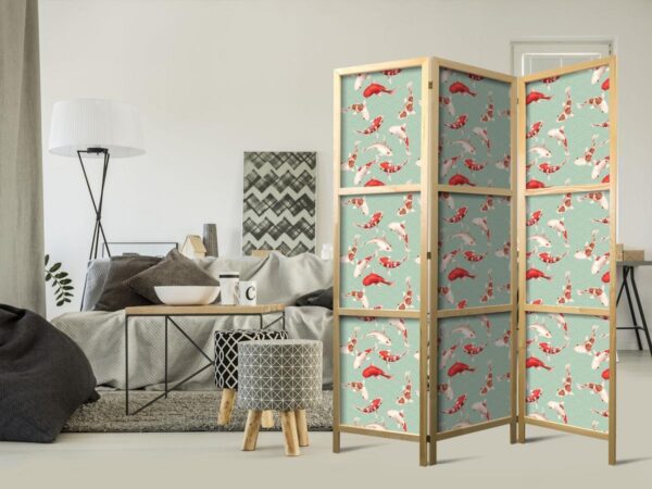Paravent japonais - Fish and Japanese Pattern - Koi Fish in Orange-Cream Colors on a Green-Mint Background with an Oriental Pattern