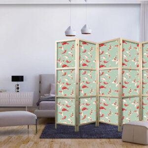 Paravent japonais - Fish and Japanese Pattern - Koi Fish in Orange-Cream Colors on a Green-Mint Background with an Oriental Pattern