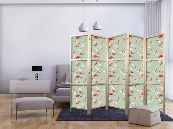 Paravent japonais - Fish and Japanese Pattern - Koi Fish in Orange-Cream Colors on a Green-Mint Background with an Oriental Pattern