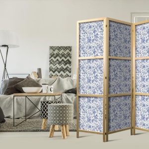 Paravent japonais - Illustration in Vintage Style - Blue Flowers on a White Background