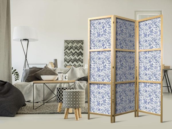 Paravent japonais - Illustration in Vintage Style - Blue Flowers on a White Background