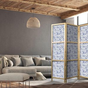 Paravent japonais - Illustration in Vintage Style - Blue Flowers on a White Background