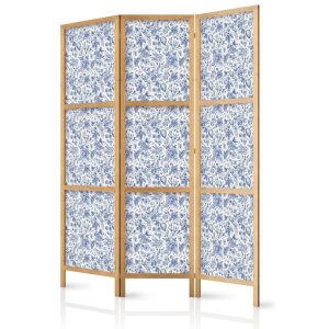 Paravent japonais - Illustration in Vintage Style - Blue Flowers on a White Background