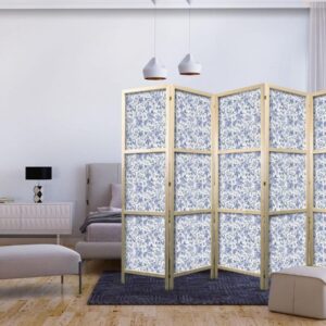 Paravent japonais - Illustration in Vintage Style - Blue Flowers on a White Background