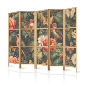 Paravent japonais - In the Botanical Garden - Flowers Birds and Butterflies - Colorful Illustration