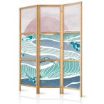 Paravent japonais - Koi Fish Among Waves - Japanese Fish Amidst Waves in Shades of Turquoise and White